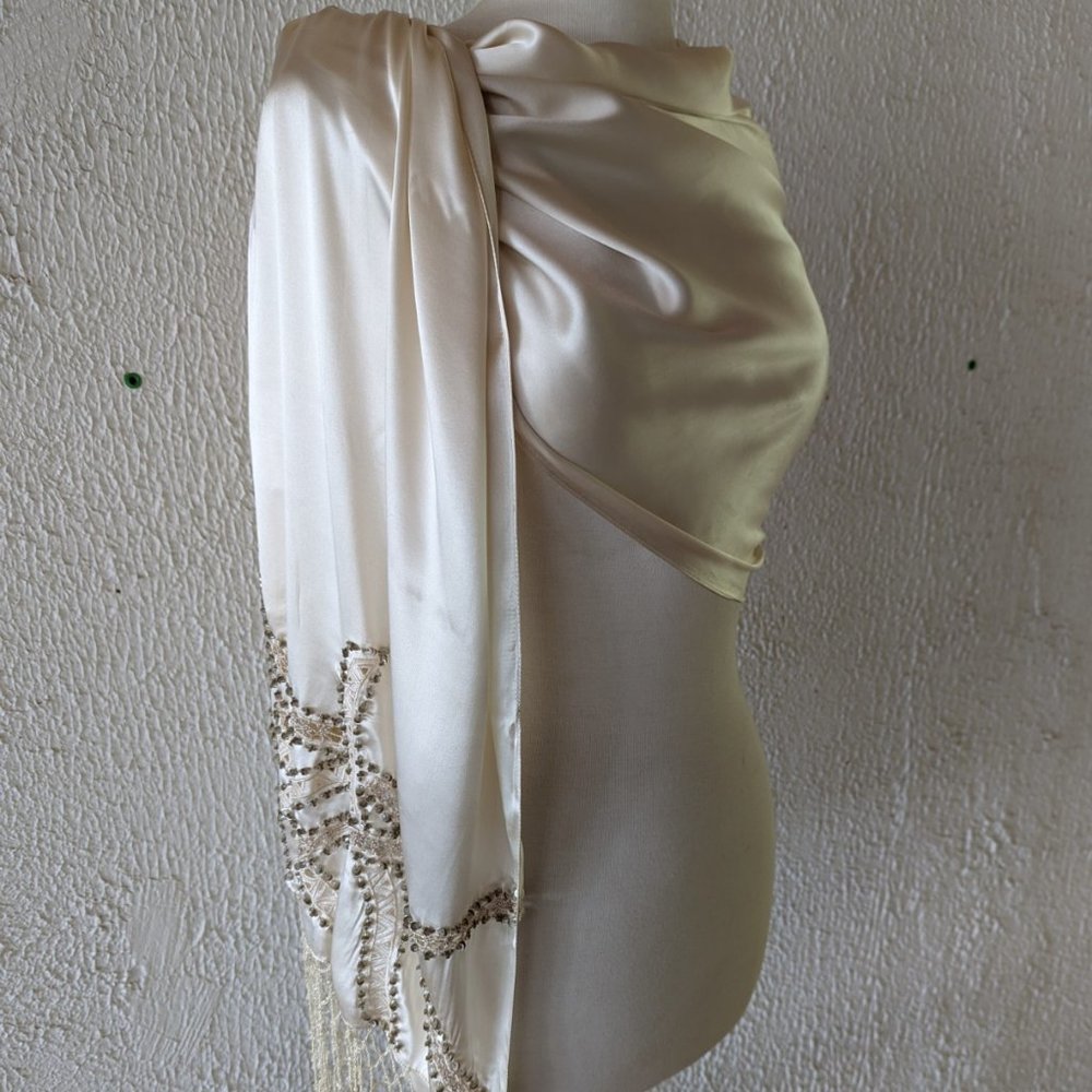 Cream silk satin Sue Wong evening scarf/wrap with embroidery, beading, fringe